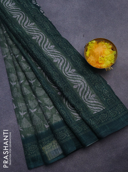 Jute cotton saree sap green and dark green with allover prints and printed border