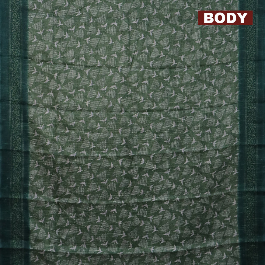 Jute cotton saree sap green and dark green with allover prints and printed border