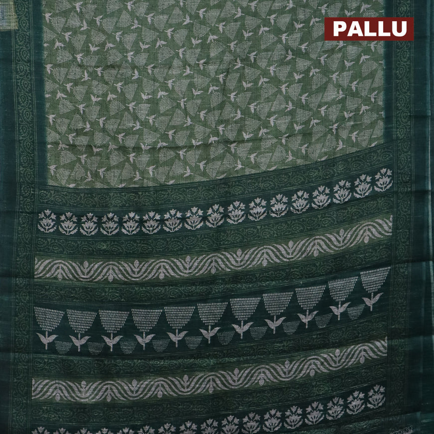 Jute cotton saree sap green and dark green with allover prints and printed border