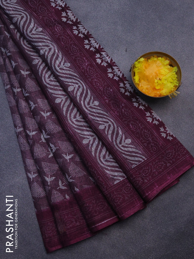 Jute cotton saree purple shade with allover prints and printed border