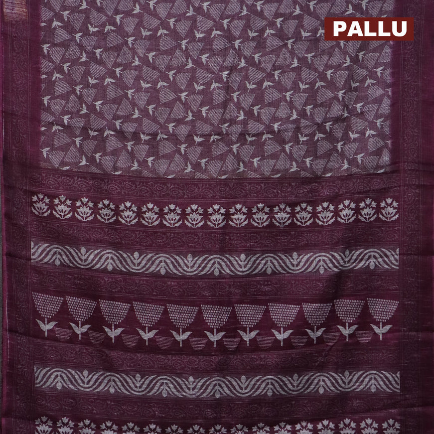 Jute cotton saree purple shade with allover prints and printed border