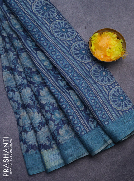 Jute cotton saree dark blue and teal blue with allover floral prints and simple border