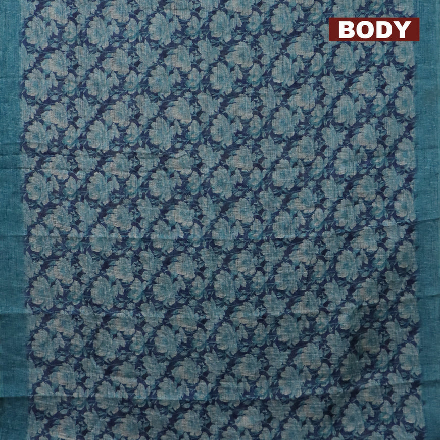 Jute cotton saree dark blue and teal blue with allover floral prints and simple border