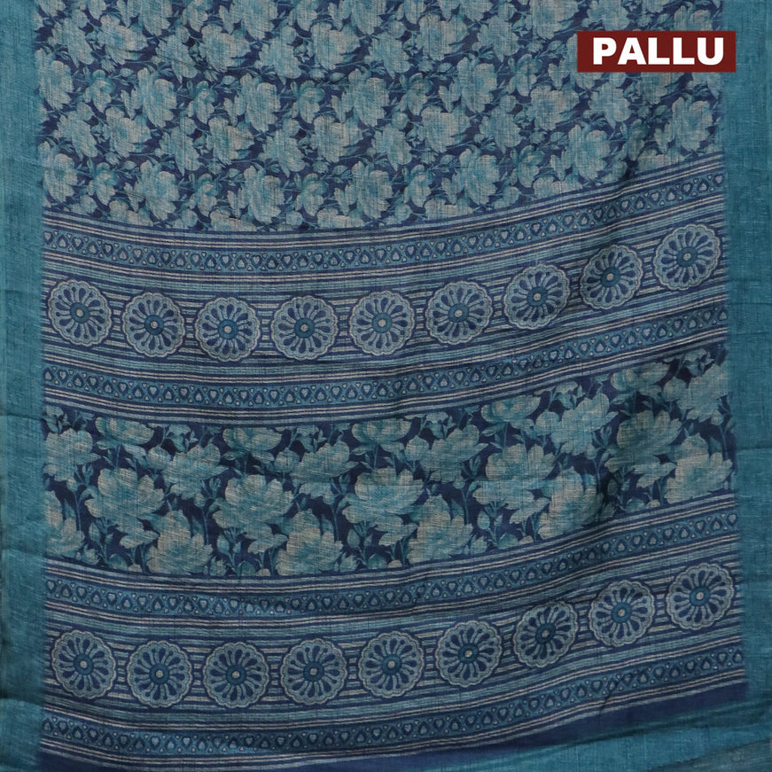 Jute cotton saree dark blue and teal blue with allover floral prints and simple border