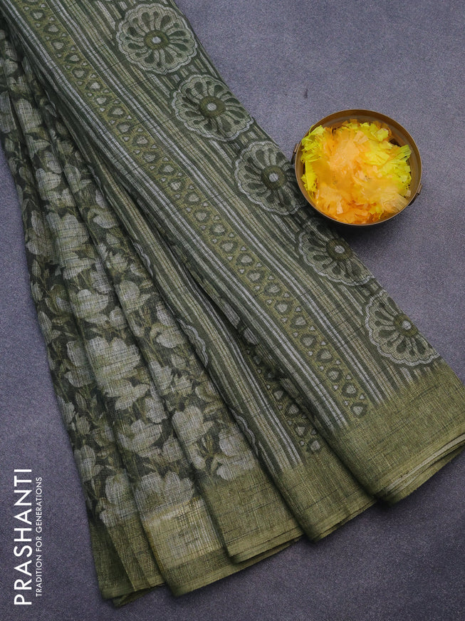 Jute cotton saree sap green with allover floral prints and simple border