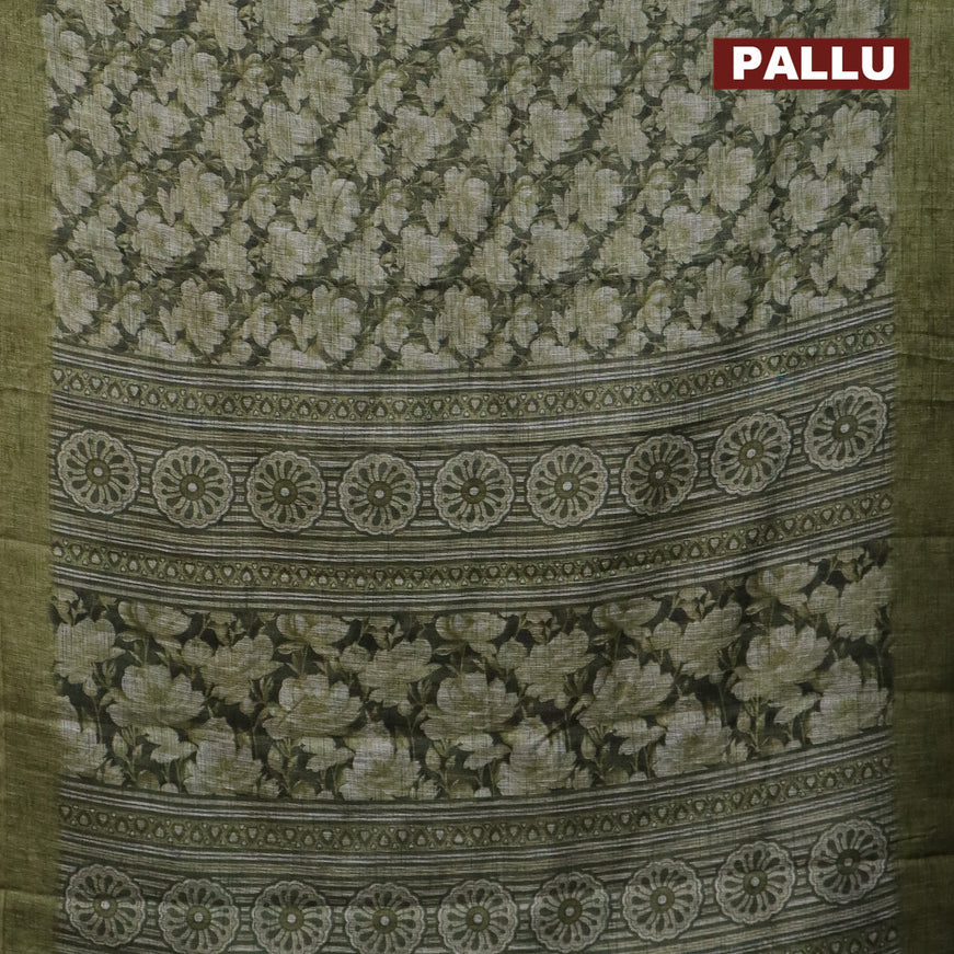 Jute cotton saree sap green with allover floral prints and simple border