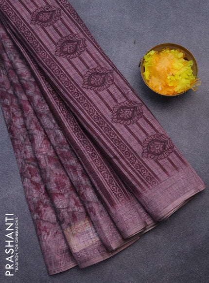 Jute cotton saree pastel maroon shade and brown with allover floral prints and simple border