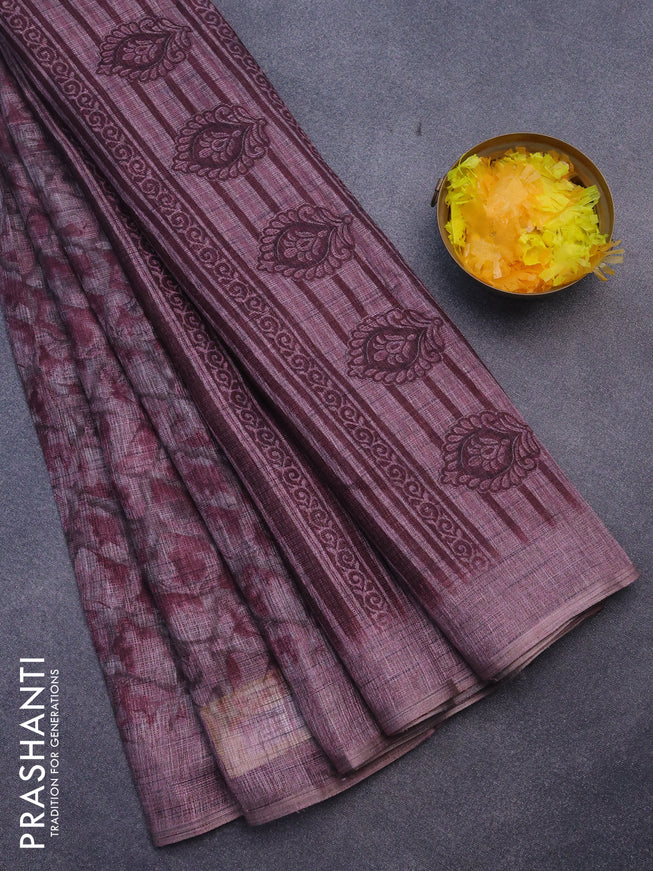 Jute cotton saree pastel maroon shade and brown with allover floral prints and simple border