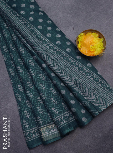 Jute cotton saree peacock green with allover ikat prints and printed border