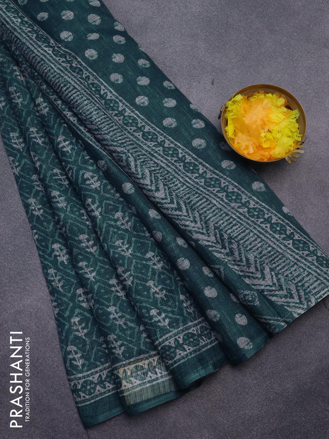 Jute cotton saree peacock green with allover ikat prints and printed border