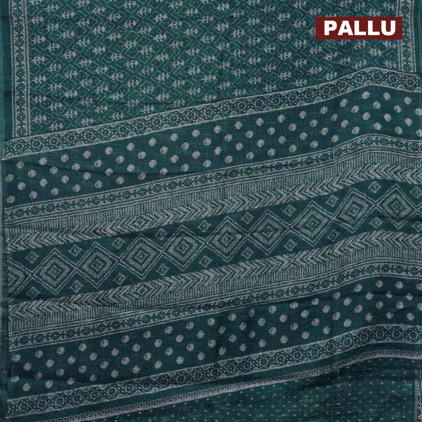 Jute cotton saree peacock green with allover ikat prints and printed border