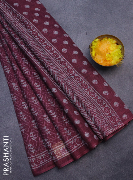 Jute cotton saree magenta pink with allover ikat prints and printed border