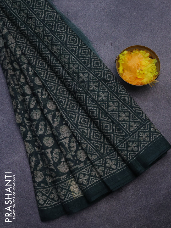 Jute cotton saree dark green with allover prints and printed border