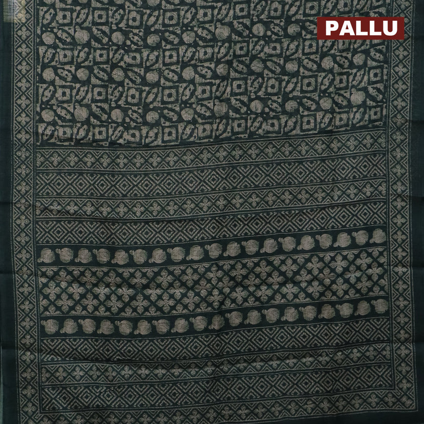 Jute cotton saree dark green with allover prints and printed border