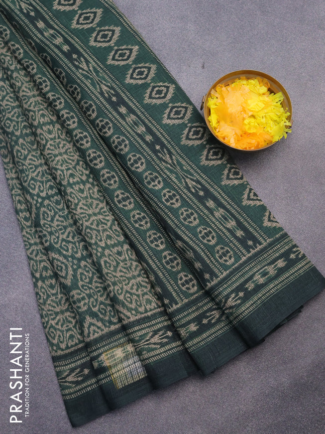 Jute cotton saree green with allover ikat prints and printed border