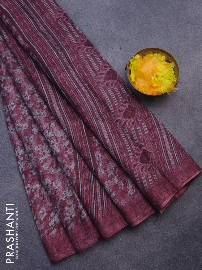 Jute cotton saree maroon shade with allover prints and printed border