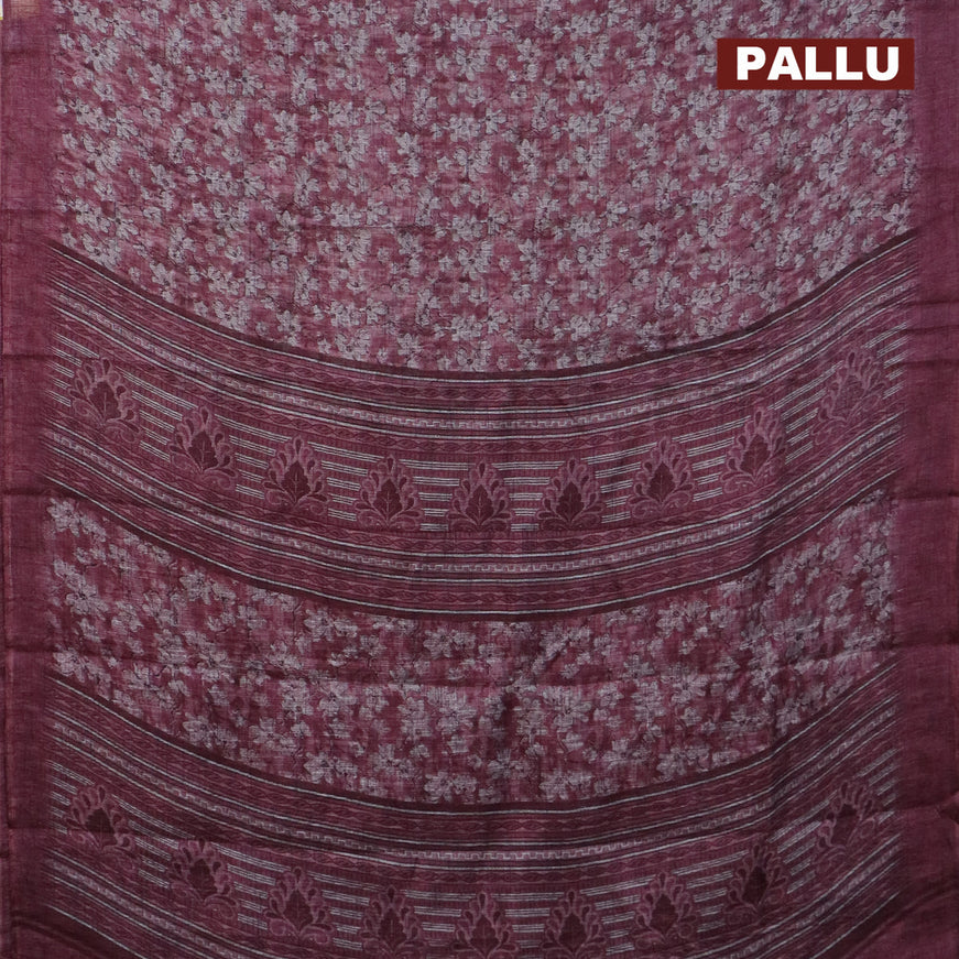 Jute cotton saree maroon shade with allover prints and printed border