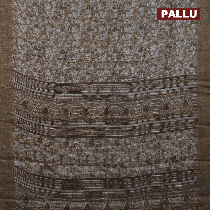 Jute cotton saree chikku shade with allover prints and printed border