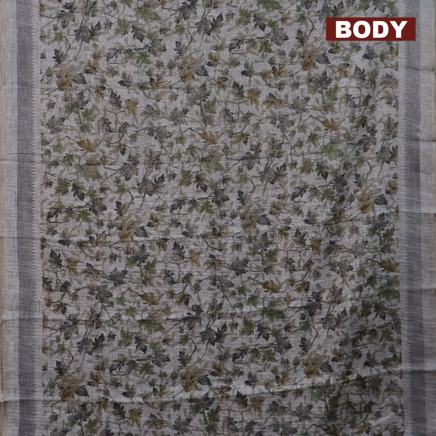 Jute cotton saree grey and green with allover leaf prints and simple border