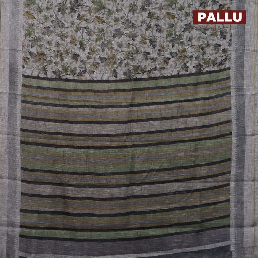 Jute cotton saree grey and green with allover leaf prints and simple border