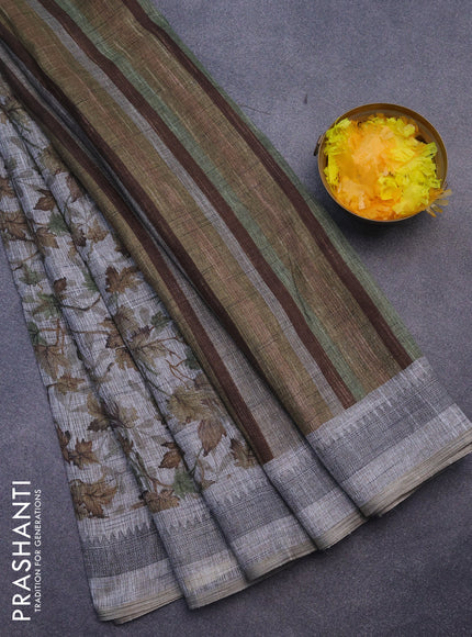 Jute cotton saree grey and green with allover leaf prints and simple border