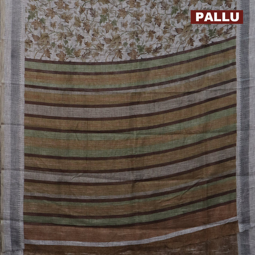 Jute cotton saree grey and green with allover leaf prints and simple border