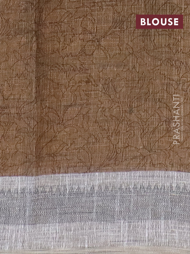 Jute cotton saree grey and green with allover leaf prints and simple border