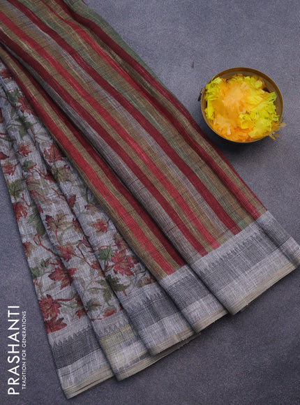 Jute cotton saree grey and red with allover leaf prints and simple border