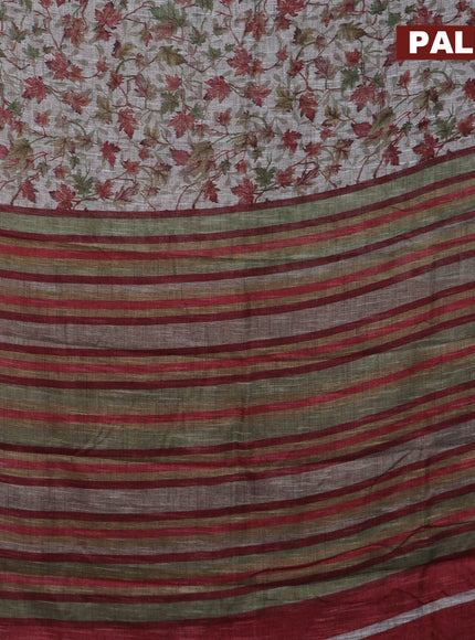 Jute cotton saree grey and red with allover leaf prints and simple border