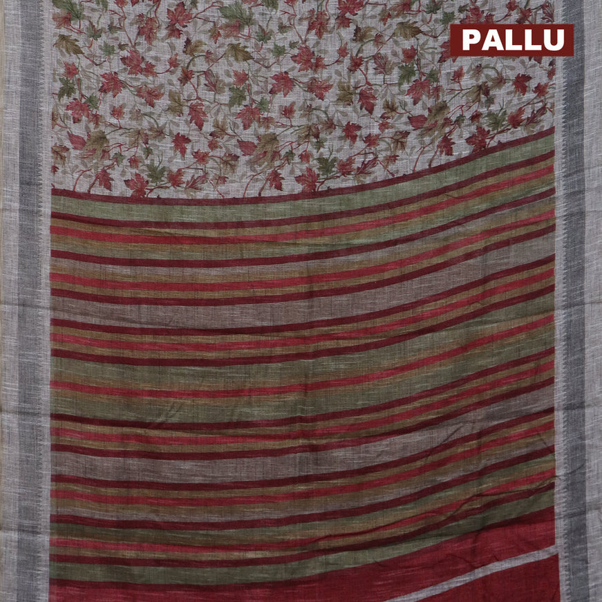 Jute cotton saree grey and red with allover leaf prints and simple border