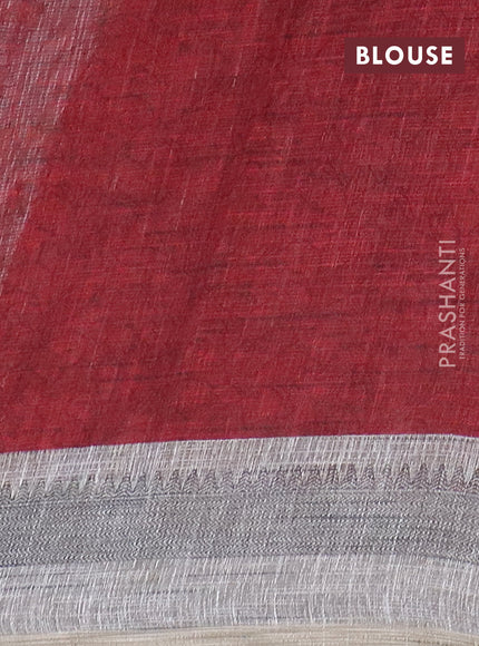 Jute cotton saree grey and red with allover leaf prints and simple border