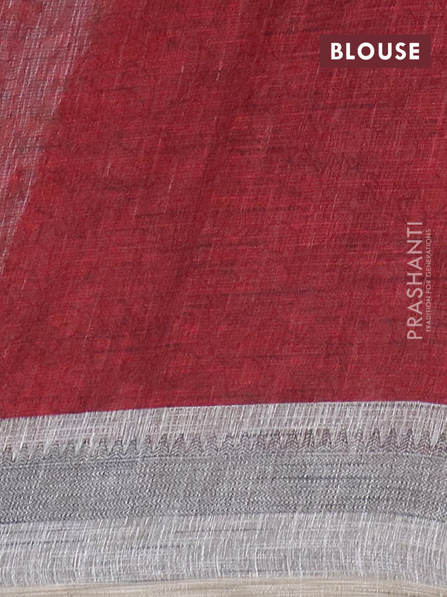 Jute cotton saree grey and red with allover leaf prints and simple border