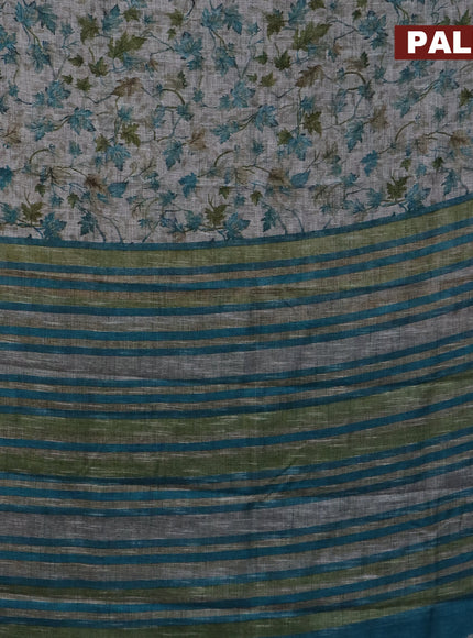 Jute cotton saree grey and blue with allover leaf prints and simple border