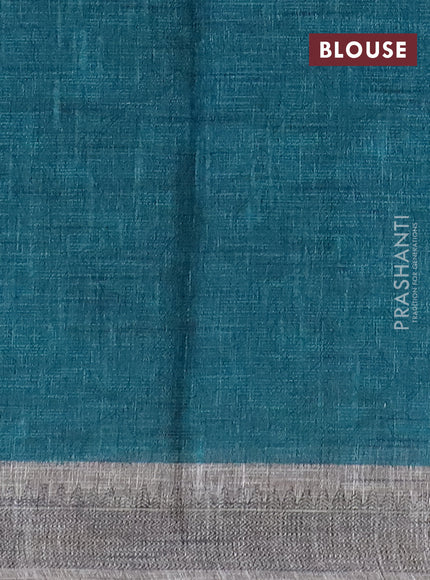 Jute cotton saree grey and blue with allover leaf prints and simple border