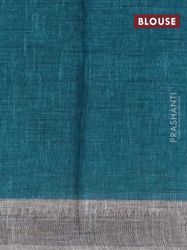 Jute cotton saree grey and blue with allover leaf prints and simple border