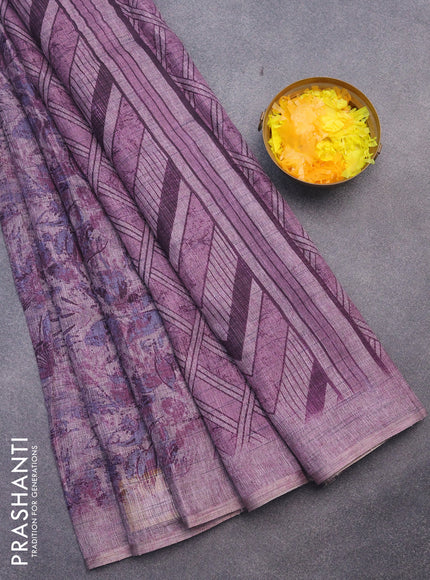 Jute cotton saree mild purple shade with allover floral prints and simple border