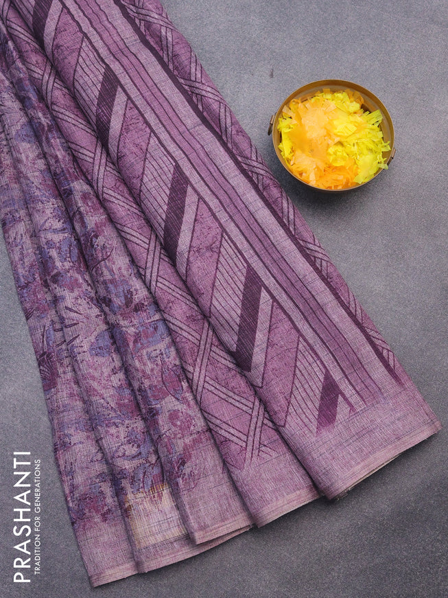 Jute cotton saree mild purple shade with allover floral prints and simple border