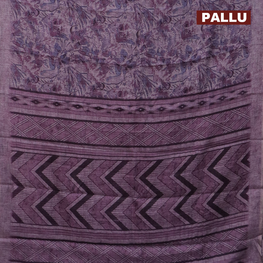 Jute cotton saree mild purple shade with allover floral prints and simple border