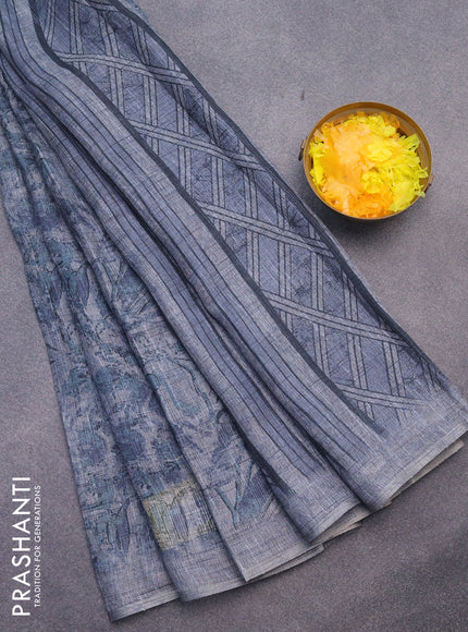 Jute cotton saree grey with allover floral prints and simple border