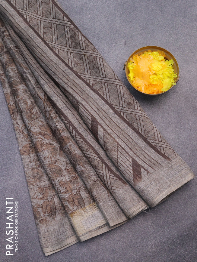 Jute cotton saree grey shade with allover floral prints and simple border