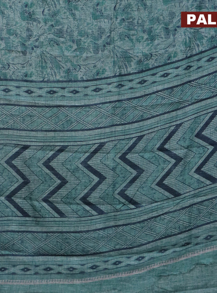 Jute cotton saree teal green shade with allover floral prints and simple border