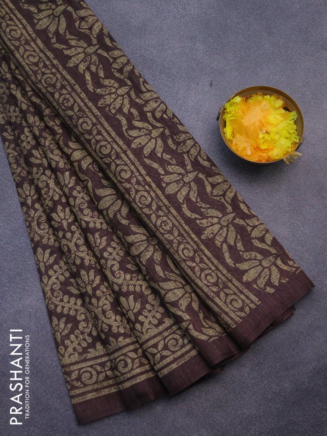 Jute cotton saree wine shade with allover prints and printed border