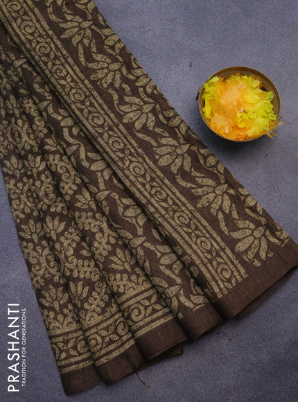 Jute cotton saree brown with allover prints and printed border