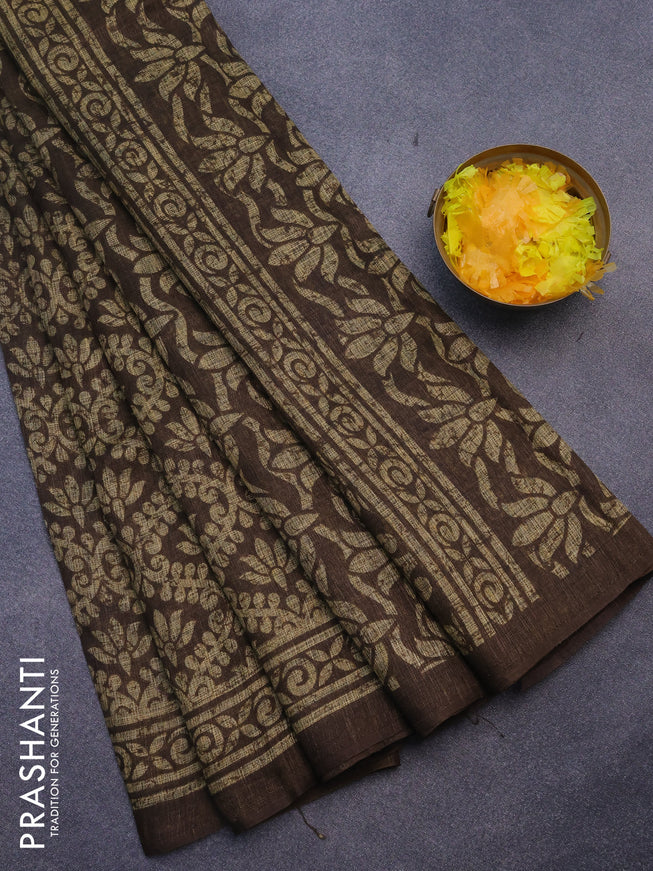 Jute cotton saree brown with allover prints and printed border