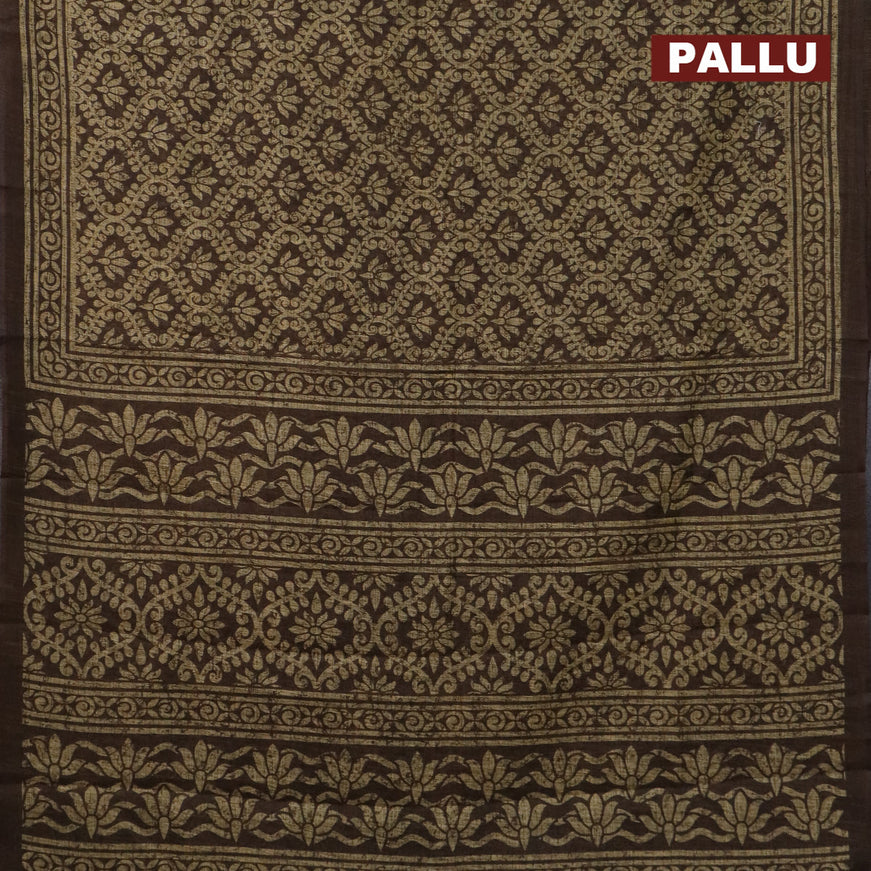 Jute cotton saree brown with allover prints and printed border