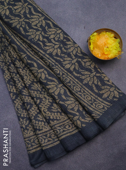 Jute cotton saree elephant grey with allover prints and printed border