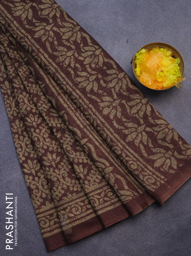 Jute cotton saree brown with allover prints and printed border