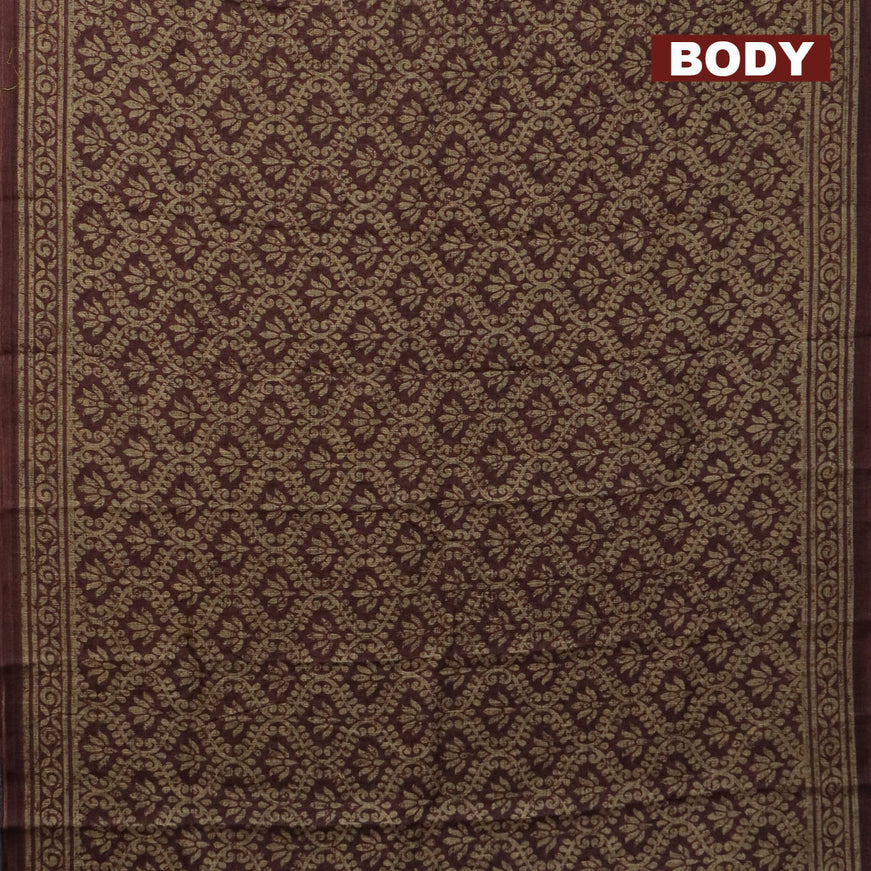 Jute cotton saree brown with allover prints and printed border