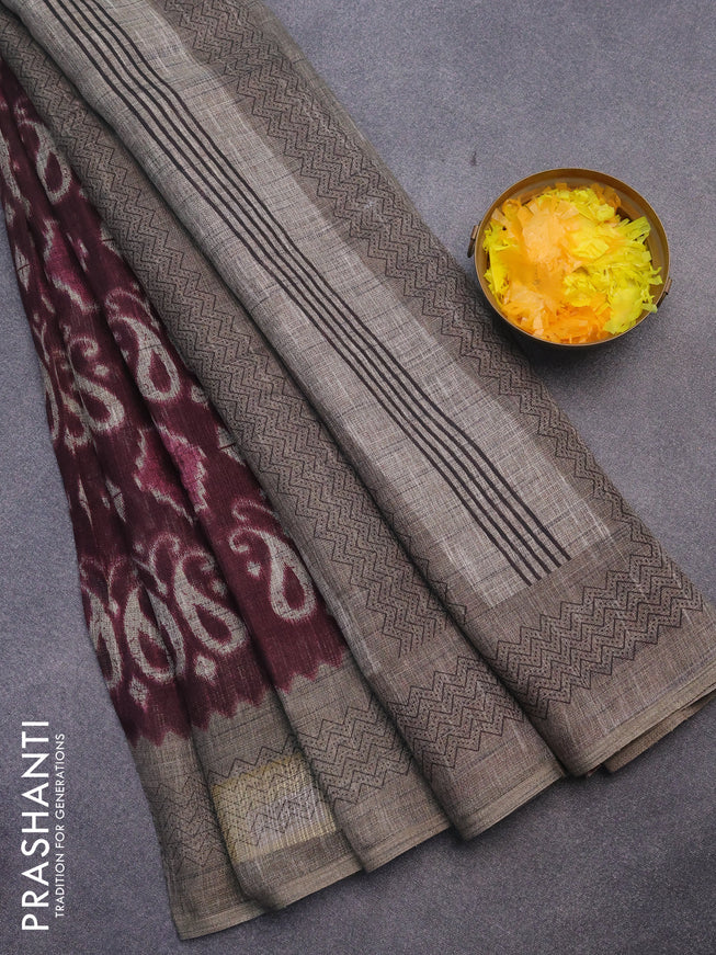 Jute cotton saree wine shade and grey with butta prints and printed border