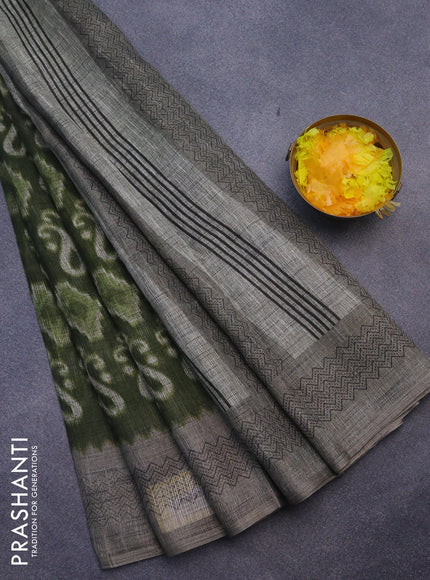 Jute cotton saree sap green and grey with butta prints and printed border